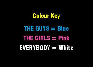 Colour Key

THE GUYS Blue
THE GIRLS Pink
EVERYBODY White
