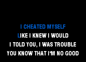 I CHEATED MYSELF
LIKE I KNEW I WOULD
I TOLD YOU, I WAS TROUBLE
YOU KNOW THAT I'M NO GOOD