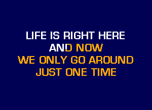 LIFE IS RIGHT HERE
AND NOW
WE ONLY GO AROUND
JUST ONE TIME