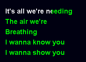 It's all we're needing
The air we're
Breathing

I wanna know you

Iwanna show you