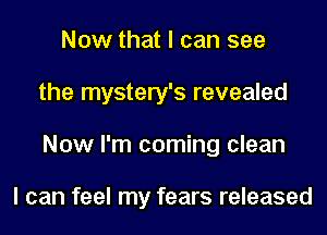 Now that I can see
the mystery's revealed
Now I'm coming clean

I can feel my fears released