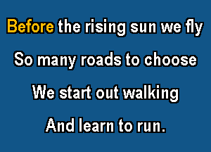Before the rising sun we fly

So many roads to choose

We start out walking

And learn to run.