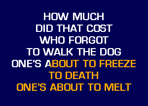 HOW MUCH
DID THAT COST
WHO FORGOT
TU WALK THE DOG
ONE'S ABOUT TU FREEZE
TO DEATH
ONE'S ABOUT TU MELT