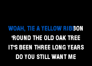 WOAH, TIE A YELLOW RIBBON
'ROUHD THE OLD OAK TREE
IT'S BEEN THREE LONG YEARS
DO YOU STILL WANT ME