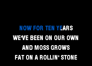 NOW FOR TEN YEARS
WEVE BEEN ON OUR OWN
AND MOSS GROWS
FAT ON A ROLLIH' STONE