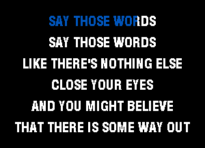 SAY THOSE WORDS
SAY THOSE WORDS
LIKE THERE'S NOTHING ELSE
CLOSE YOUR EYES
AND YOU MIGHT BELIEVE
THAT THERE IS SOME WAY OUT