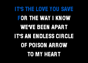IT'S THE LOVE YOU SAVE
FOR THE WAY I KNOW
WE'VE BEEN APART
IT'S AN ENDLESS CIRCLE
0F POISON ARROW

TO MY HEART l