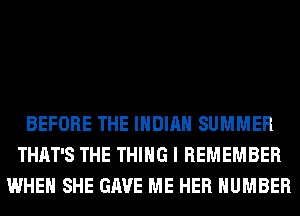 BEFORE THE INDIAN SUMMER
THAT'S THE THING I REMEMBER
WHEN SHE GAVE ME HER NUMBER