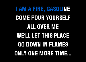 I AM 11 FIRE, GASOLINE
COME POUR YOURSELF
ALL OVER ME
WE'LL LET THIS PLACE
GO DOWN IN FLAMES

ONLY ONE MORE TIME... I