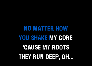 NO MATTER HOW

YOU SHAKE MY CORE
'CAUSE MY ROOTS
THEY RUH DEEP, 0H...