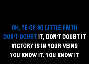 0H, YE 0F 80 LITTLE FAITH
DON'T DOUBT IT, DON'T DOUBT IT

VICTORY IS IN YOUR VEIHS

YOU KNOW IT, YOU KNOW IT