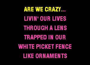 RRE WE CRAZY...
LIVIH' OUR LIVES
THBOUGHALENS
TRAPPED IN OUR
WHITE PICKET FENCE

LIKE ORNAMENTS l