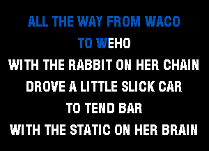 ALL THE WAY FROM WACO
T0 WEHO
WITH THE RABBIT ON HER CHAIN
DROVE A LITTLE SLICK CAR
T0 TEHD BAR
WITH THE STATIC ON HER BRAIN