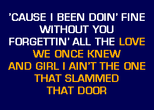 'CAUSE I BEEN DOIN' FINE
WITHOUT YOU
FORGE'ITIN' ALL THE LOVE
WE ONCE KNEW
AND GIRL I AIN'T THE ONE
THAT SLAMIVIED
THAT DOOR