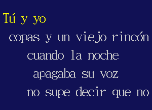 T11 y yo

copas y un Viejo rincdn
cuando la noche
apagaba su VOZ
no supe decir que no