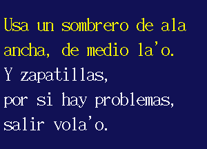 Usa un sombrero de ala
ancha, de medio 1a,0.

Y zapatillas,
por Si hay problemas,
salir vola'o.