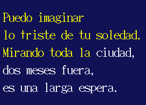 Puedo imaginar

10 friste de tu soledad.
Mirando toda la Ciudad,
dos meses fuera,

es una larga espera.