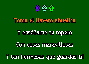 90

Toma el llavero abuelita
Y ensaiame tu ropero
Con cosas maravillosas

Y tan hermosas que guardas tLi