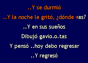 ..Y se durmid
..Y la noche le gritc'), gddnde vas?
..Y en sus sueF1os

Dibujd gavio.o.tas

Y pensd ..hoy debo regresar

..Y regresc')