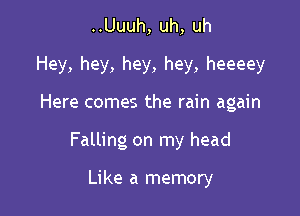 ..Uuuh, uh, uh
Hey, hey, hey, hey, heeeey

Here comes the rain again

Falling on my head

Like a memory