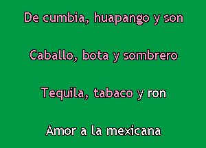 De cumbia, huapango y son

Caballo, bota y sombrero

Tequila, tabaco y ron

Amor a la mexicana
