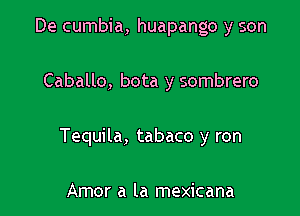 De cumbia, huapango y son

Caballo, bota y sombrero

Tequila, tabaco y ron

Amor a la mexicana