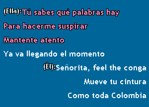 (EIIGFTL'I sabes qut3 palabras hay
Para hacerme suspirar
Mantente atento

Ya va llegando el momento

(E')3Sehorita, feel the conga

Mueve tu cintura

Como toda Colombia