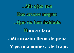 ..Mis ojos son
Dos cruces negras
..Que no han hablado
Nunca claro

..Mi coraz6n lleno de pena

..Y yo una murieca de trapo