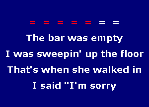 The bar was empty
I was sweepin' up the floor

That's when she walked in

I said I'm sorry