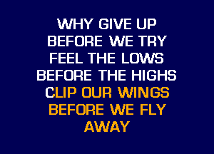 WHY GIVE UP
BEFORE WE TRY
FEEL THE LOWS

BEFORE THE HIGHS
CLIP OUR WINGS
BEFORE WE FLY

AWAY l