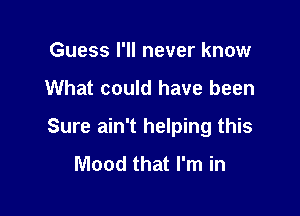 Guess I'll never know

What could have been

Sure ain't helping this
Mood that I'm in