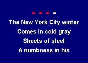 The New York City winter

Comes in cold gray
Sheets of steel
A numbness in his