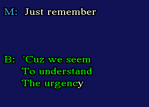 M2 Just remember

B2 'Cuz we seem
To understand
The urgency