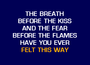 THE BREATH
BEFORE THE KISS
AND THE FEAR
BEFORE THE FLAMES
HAVE YOU EVER
FELT THIS WAY