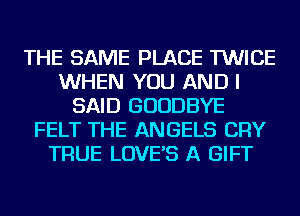 THE SAME PLACE TWICE
WHEN YOU AND I
SAID GOODBYE
FELT THE ANGELS CRY
TRUE LOVE'S A GIFT