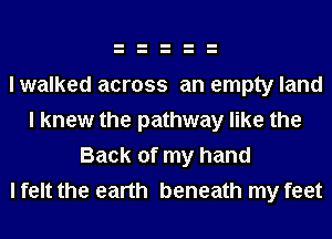 I walked across an empty land
I knew the pathway like the
Back of my hand
I felt the earth beneath my feet